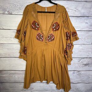 Free People Dress Size M Oversized Mustard Yellow Embroidered Lace BOHO Gauze